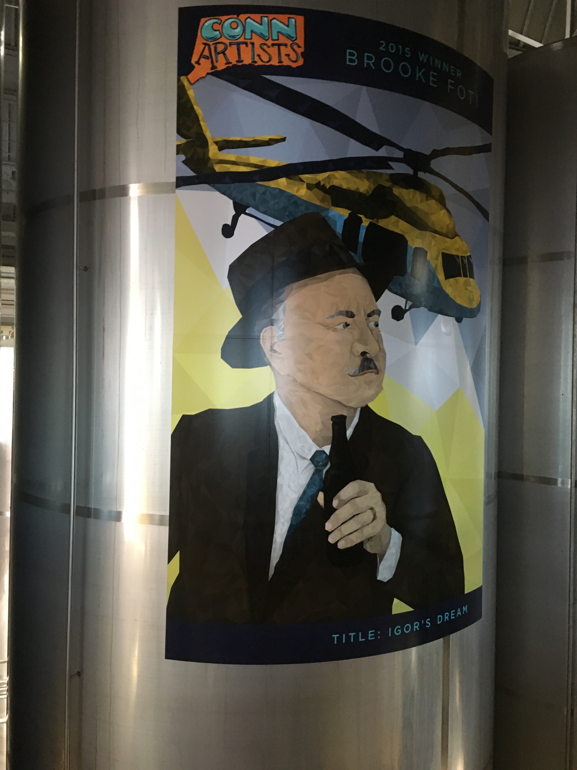 Fermenter art featuring Igor Sikorsky. Two Roads brewed a beer in honor of the founder of the local Sikorsky Aircraft Corp.